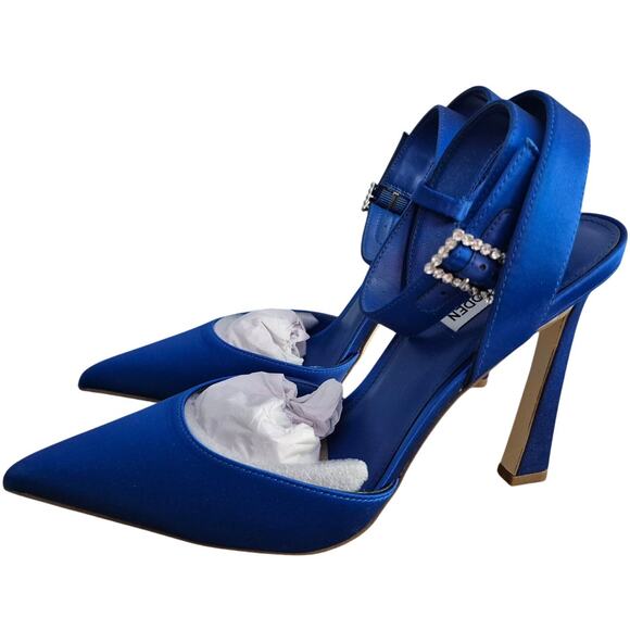 Steve Madden Women Sarantos Ankle Strap Pointed Toe Heels US 9M Blue Satin - Picture 2 of 6